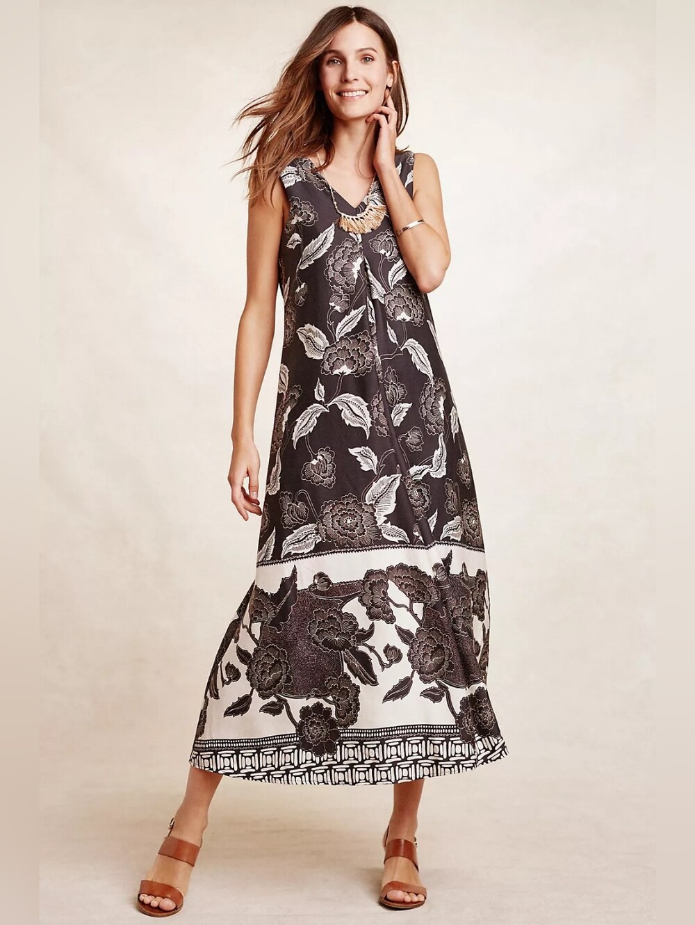 Anthropologie+Floreat Soha Maxi Dress Linen Blend Sleeveless Black Motif- S